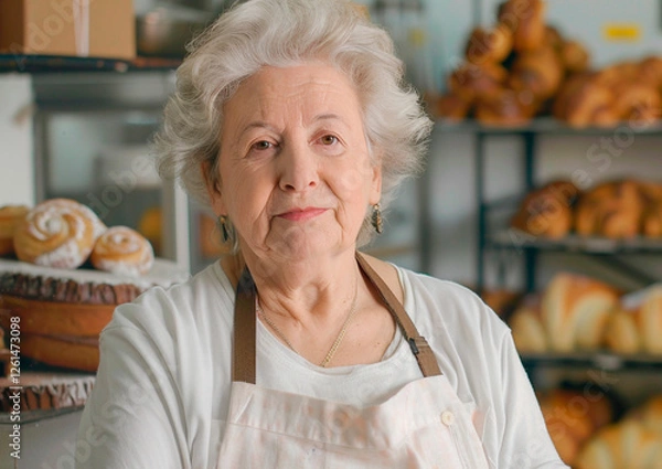 Fototapeta Portrait of the owner of a small business baking croissants and other desserts	
