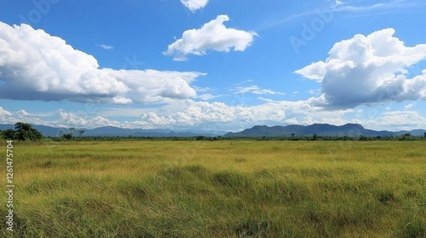 Fototapeta Expansive grassland under a vast blue sky with scattered clouds