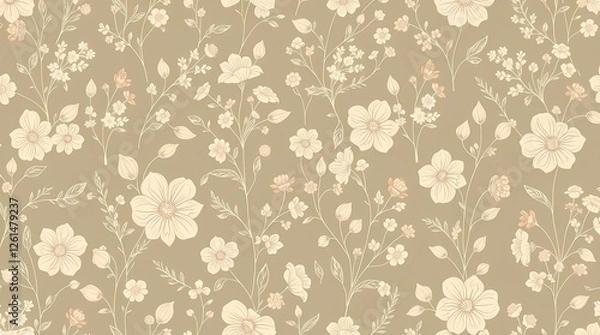 Fototapeta An elegant seamless pattern composed of delicate botanical illustrations, rendered in a vintage botanical print style, featuring muted pastel tones and a flowing, organic layout.