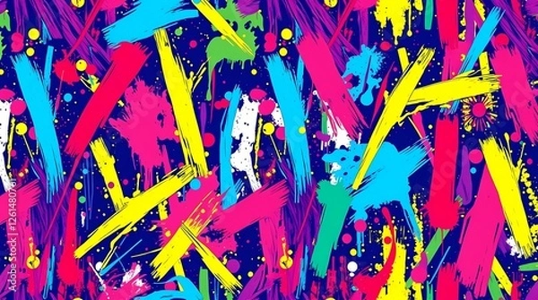Fototapeta An energetic seamless pattern of colorful splatters and brushstrokes, rendered in a vibrant rainbow palette, with an abstract expressionist style, featuring a dynamic and free-flowing .
