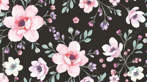Fototapeta An intricate floral seamless pattern in a watercolor style, showcasing delicate blossoms in soft pastel shades of pink, lavender, and mint green, with a slightly impressionistic painte.