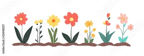 Fototapeta Colorful spring flowers growing in a row, isolated on a white background Generative AI