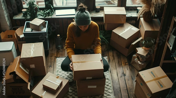 Fototapeta E-commerce business entrepreneur packing online orders at home