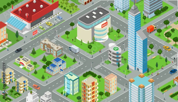Obraz Flat isometric city road model vector. 3d buildings architecture