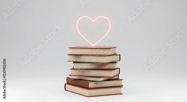 Fototapeta Stack of Books with Glowing Heart Education Love Reading Literature 3D Render