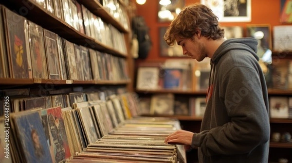 Fototapeta Young man browses vinyl records in a vintage record store looking for music