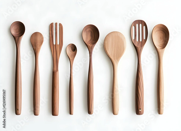Fototapeta Artisanal collection of handcrafted wooden cooking utensils, displaying various spoons and fork, isolated on a white surface to enhance the natural wood grain