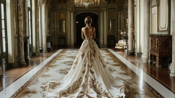 Fototapeta Elegant Bride in a Golden Gown in a Grand Hall