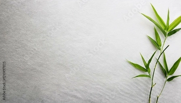 Fototapeta グレーがかった白の和紙テクスチャに、右下の竹の若芽がそっと添えられ、生命の息吹を感じるシンプルなデザイン
