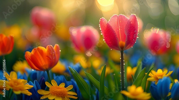 Obraz Spring field of flowers, field of pink tulips