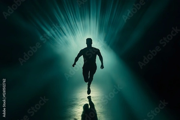 Fototapeta Running Man Silhouette In A Glowing Teal Light Tunnel