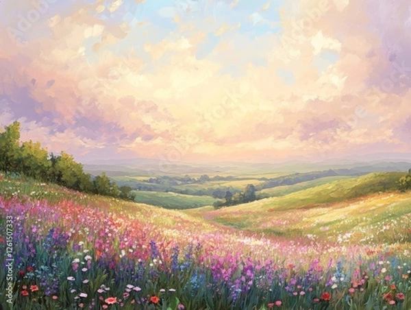 Obraz A Vibrant Sunset Over a Blooming Meadow: A Serene Landscape Painting with Rolling Hills and Colorful Wildflowers Under a Dreamy Sky.