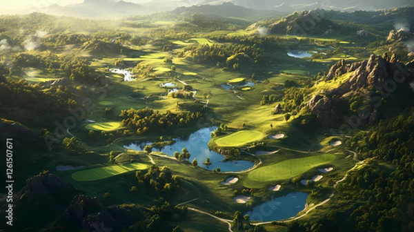 Fototapeta Beautiful aerial view overlooking a lush green golf course with rolling hills and water hazards. Golem-Forged Landscapes. Illustration