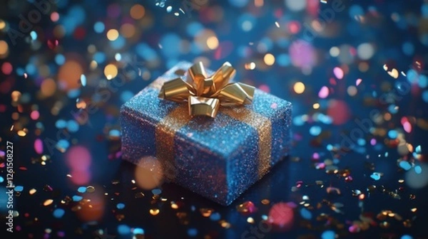 Fototapeta A Glimmering Blue Gift Box with Golden Ribbon Surrounded by Colorful Confetti and Sparkling Background