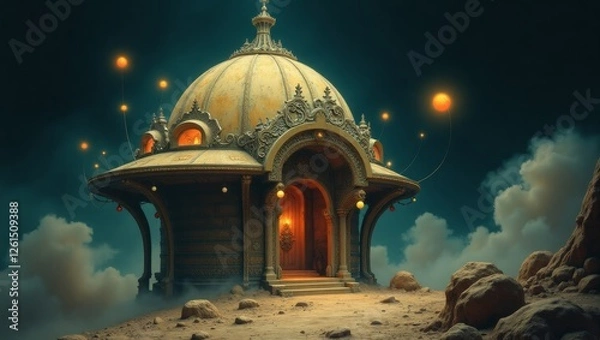 Fototapeta In the eerily enchanting vintage pinhole photograph, a fantastical space habitat emerges from the darkness, like an otherworldly dream brought to life. main subject image whimsical domed structure