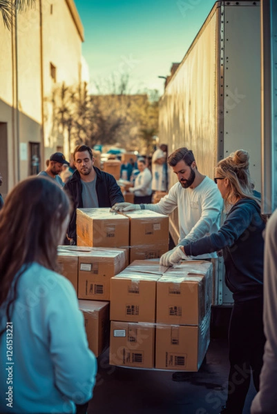 Fototapeta Volunteers loading boxes into truck for community support in alleyway setting.