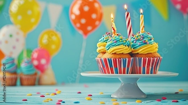 Fototapeta Colorful birthday cupcakes with candles on a festive table, surrounded by balloons and decorations