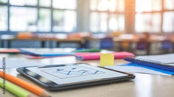 Fototapeta Classroom Technology: Tablet with Hand-Drawn Graph in Blurred Educational Setting