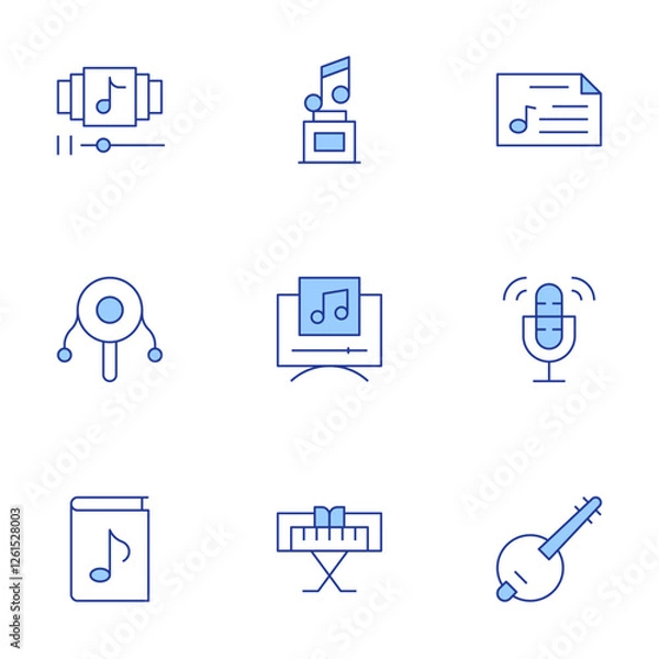 Obraz Music icons set. Line Duotone style, editable stroke. playlist, trophy, banjo, music player, rattle drum, record, music, piano, music sheet