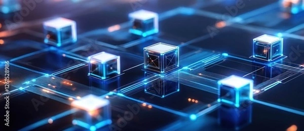 Fototapeta Abstract Network of Glowing Cubes, Digital Technology Background, Futuristic Data Blocks Connected by Lines of Light