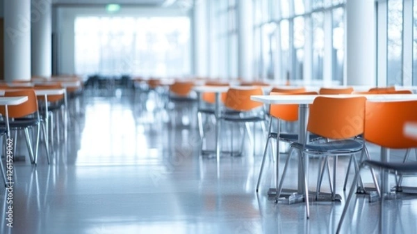 Fototapeta Modern Cafeteria Interior: Rows of Orange Chairs and White Tables in a Bright, Spacious Room