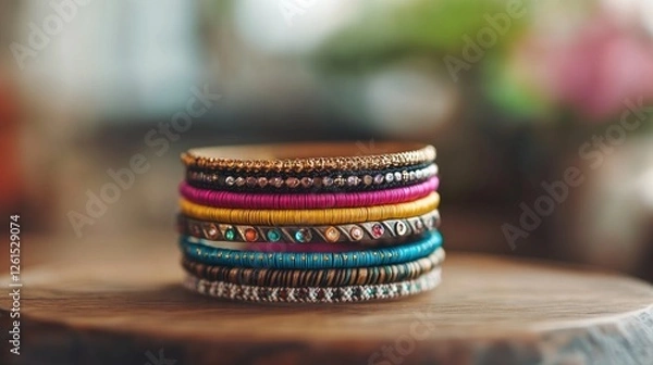 Fototapeta Stack of Colorful Beaded Bangles on Wooden Surface