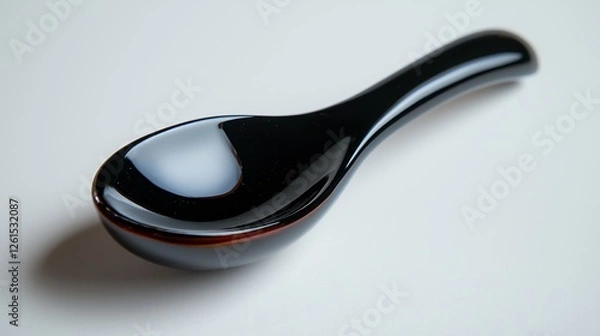 Fototapeta Black Glossy Spoon Top View with Curved Handle and Reflection on White Surface