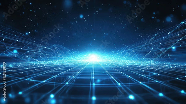 Obraz Abstract blue digital technology background with glowing connections and grid lines on a dark space
