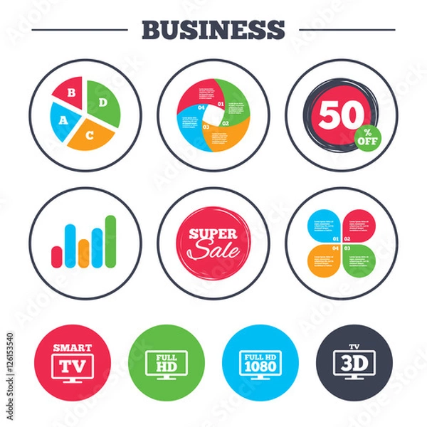 Fototapeta Business pie chart. Growth graph. Smart TV mode icon. Widescreen symbol. Full hd 1080p resolution. 3D Television sign. Super sale and discount buttons. Vector