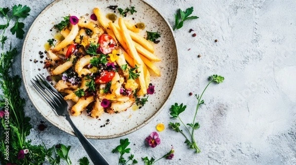 Obraz A vibrant plate of pasta with vegetables and garnishes, showcasing culinary artistry.