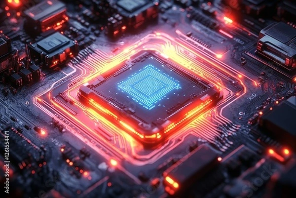 Obraz Central Chip on Circuit Board Surrounded by Blue Neon Lines. Dark Gray and Black Technological Components Create Futuristic Atmosphere. High-Resolution Flat Illustration.