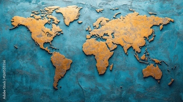 Fototapeta Golden world map on teal textured background. Ideal for travel, global concepts, and geography projects.