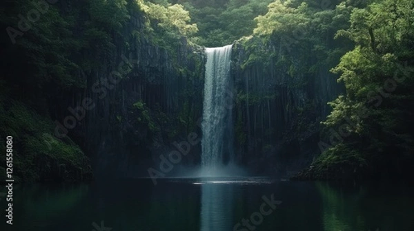 Fototapeta Serene waterfall cascading into lush forest pool, tranquil nature scene; ideal for travel brochures