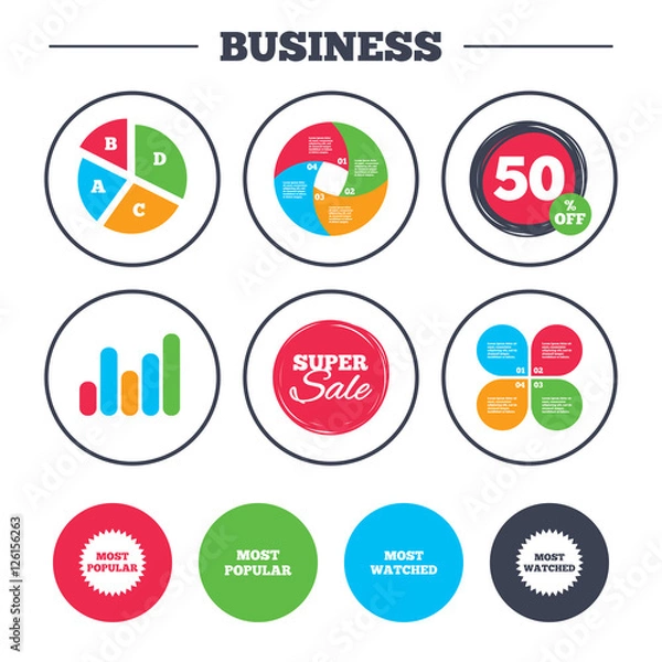 Fototapeta Business pie chart. Growth graph. Most popular star icon. Most watched symbols. Clients or users choice signs. Super sale and discount buttons. Vector