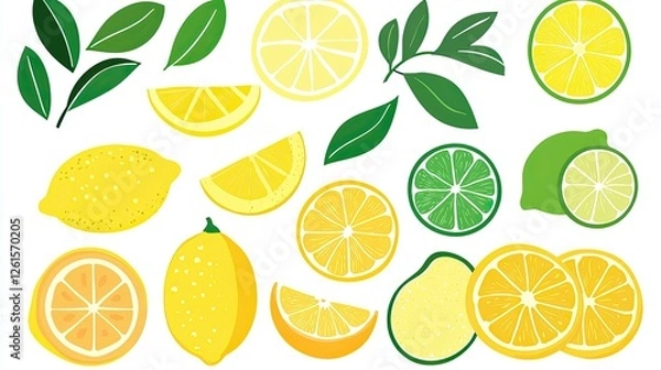 Fototapeta A vibrant collection of lemons and limes with green leaves, showcasing various cuts and slices