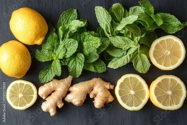 Fototapeta Fresh Ingredients: Lemons, Mint, and Ginger on Dark Slate - A Colorful Still Life of Natural Remedies and Healthy Eating Essentials for Wellness