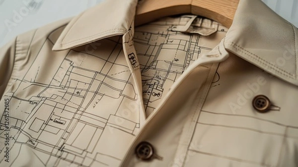 Fototapeta Detailed close-up of a beige shirt collar featuring a unique map design, showcasing intricate patterns