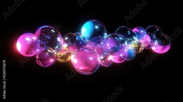 Fototapeta A modern design featuring a cluster of neon bubbles glowing vividly against a black background, creating a futuristic, dynamic visual impac
