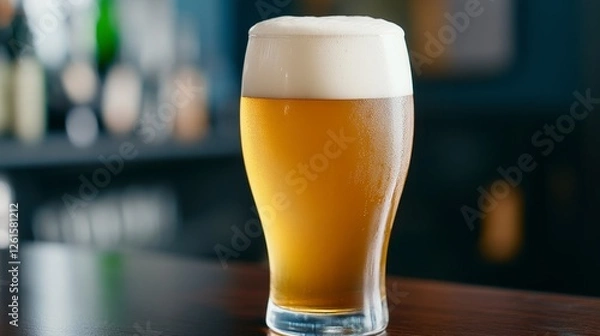 Fototapeta Freshly Poured Beer in a Clear Glass Against Blurred Background