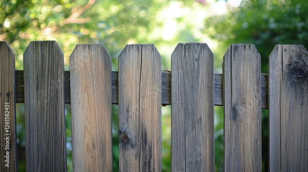Fototapeta A close-up of a wooden fence with a blurred green background, suggesting a peaceful outdoor setting.