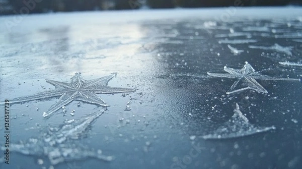 Fototapeta Close-up of frozen ice with star-shaped formations, reflecting light on a serene winter lake