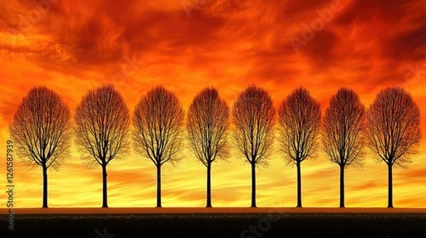 Fototapeta Silhouetted trees against a vibrant sunset sky, creating a serene landscape scene