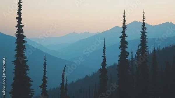 Fototapeta Serene mountain landscape at dawn with towering pine trees and misty valleys in the background
