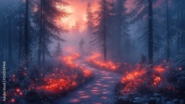 Fototapeta Enchanted forest pathway illuminated by glowing flowers at sunset, surrounded by misty trees