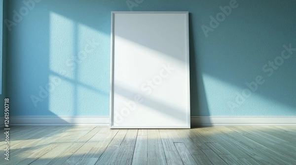 Fototapeta Empty white frame against a light blue wall with shadows on wooden floor, ideal for art display
