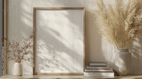 Fototapeta Minimalist interior scene featuring a blank frame, dried flowers, and stacked books on a wooden surface