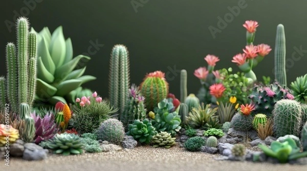 Fototapeta 42.A vibrant 3D-rendered set of succulents and cacti, highlighting lifelike details such as spines, flowers, and textures, perfect for use in digital artwork or illustrations.