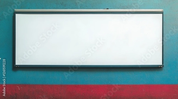 Fototapeta Blank whiteboard mounted on a colorful wall, ideal for educational settings or presentations