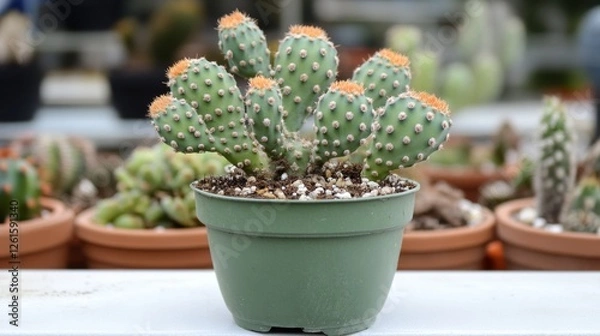 Fototapeta 65.A visually striking opuntia cactus in a light green pot, its vibrant pads standing out against the stark white table and background, creating a contemporary, spacious feel.