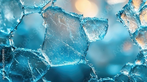 Fototapeta Close-up of shattered ice pieces glistening in soft blue light, creating a serene atmosphere